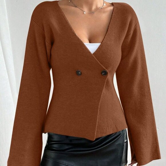 Brown Casual Women's Button Front Long Sleeve knit cardigan - Picture 3 of 7